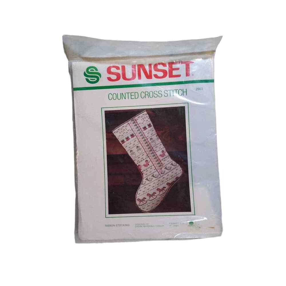 Vintage sunset Christmas stocking Cross stitch ribbon 2903